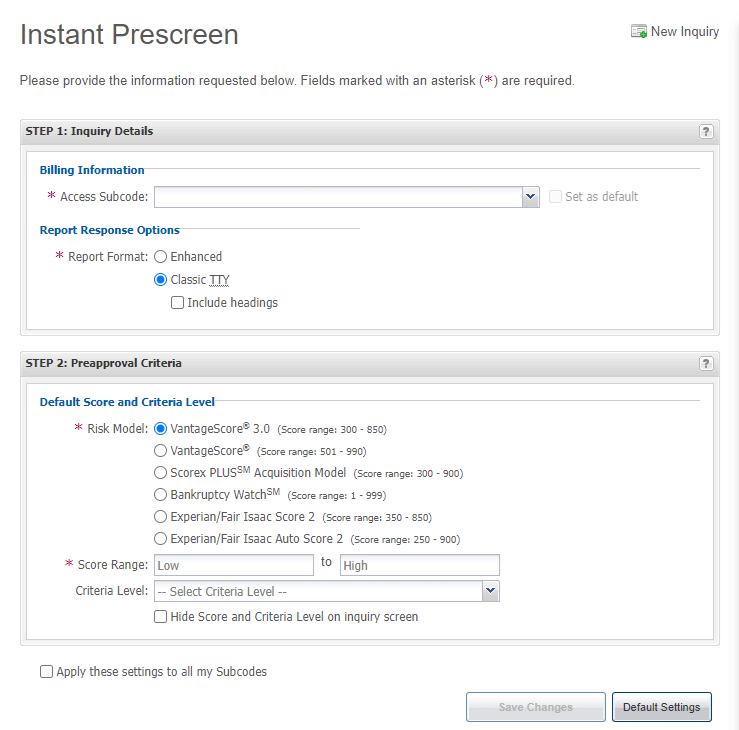 Instant Prescreen preference help screen